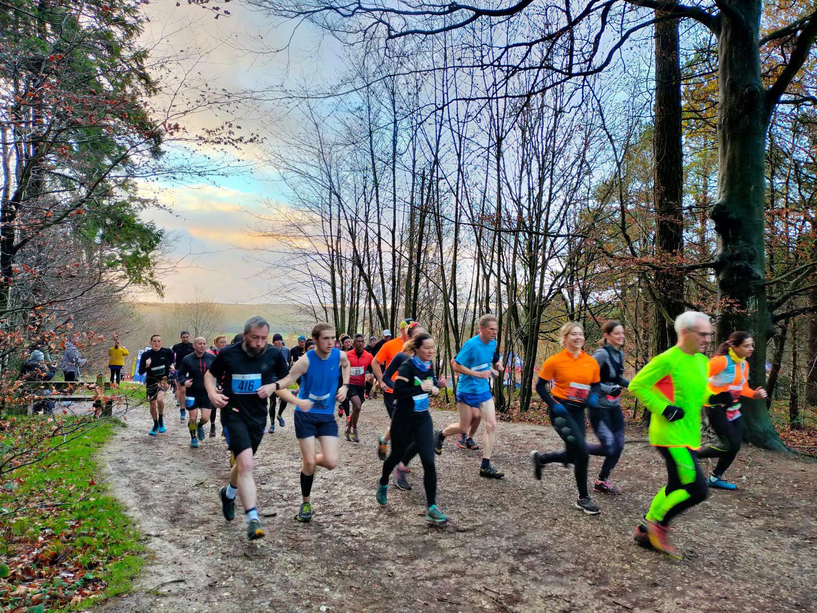 A group of runners is participating in a race on a forest path. The participants, wearing vibrant sportswear, are surrounded by bare trees and the ground is covered with fallen leaves. The sky is partly cloudy, adding a serene backdrop to the event.