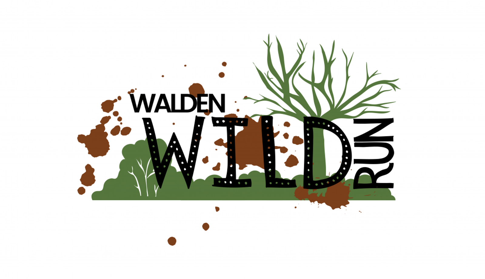 Logo for Walden Wild Run, featuring stylized text "WALDEN WILD RUN" with "WILD" prominently depicted in large, bold letters. Behind the text are graphic elements of green trees and bushes, with splashes of brown mud scattered throughout.