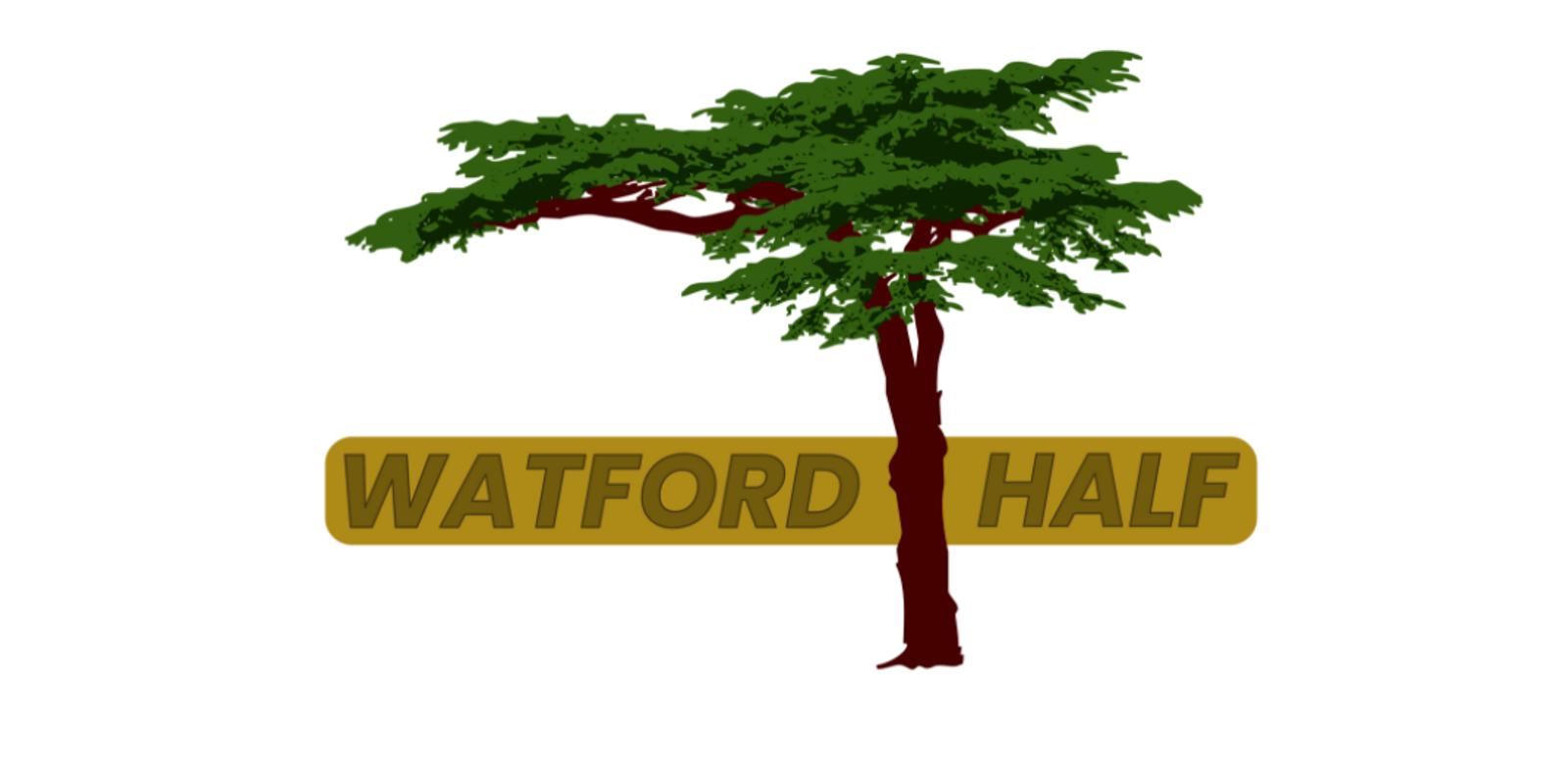 Illustration of a tree with a thick trunk and spreading green foliage positioned over a rectangular shape with the words "Watford Half" written in yellow. The trunk intersects the text, splitting it into two words.