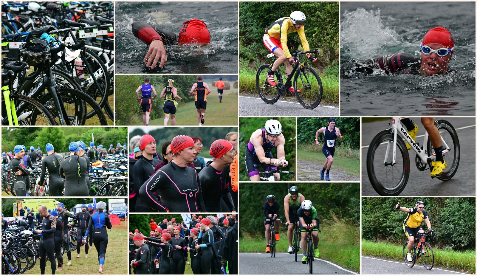 Collage of triathlon scenes: athletes swimming, biking, and running. Includes shots of swimmers in wetsuits and caps, cyclists on roads, runners wearing race numbers, and transition areas filled with bikes. The images capture the dynamic and diverse stages of the event.