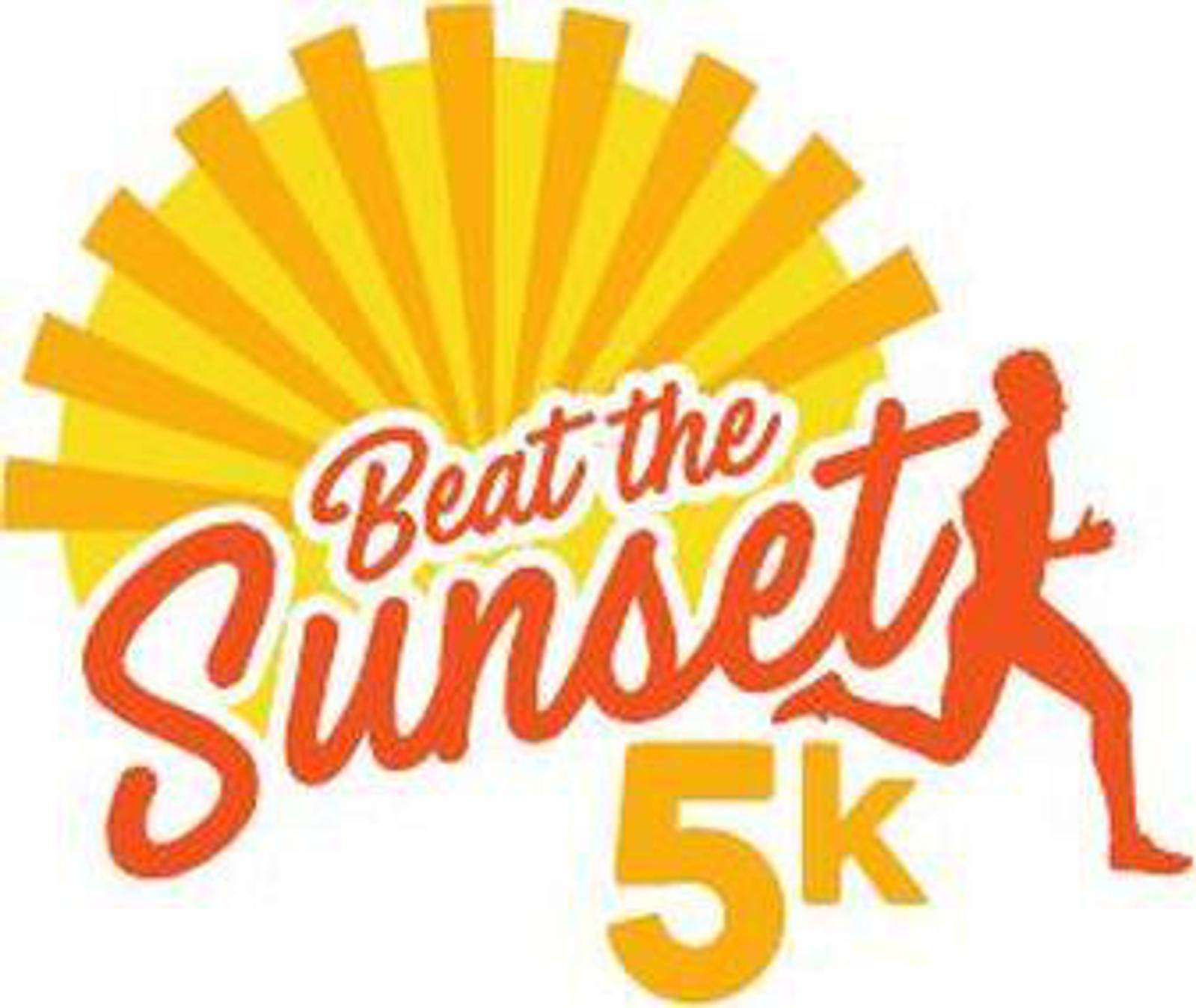 Logo for "Beat the Sunset 5k" featuring a stylized orange sunset with sunrays and a silhouette of a running figure in orange.