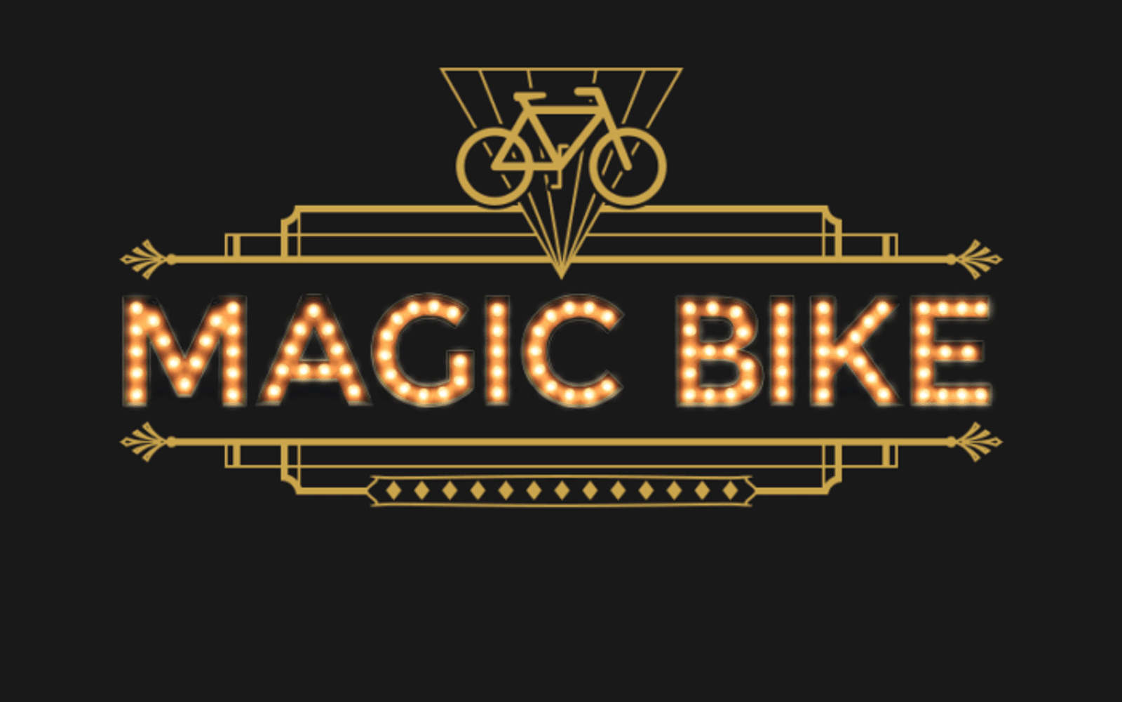 Magic Bike" is displayed in bold, illuminated text with a retro design. Above the text, a simple line drawing of a bicycle is integrated into a geometric pattern, all set against a dark background. Gold decorative accents surround the text, adding an elegant touch.