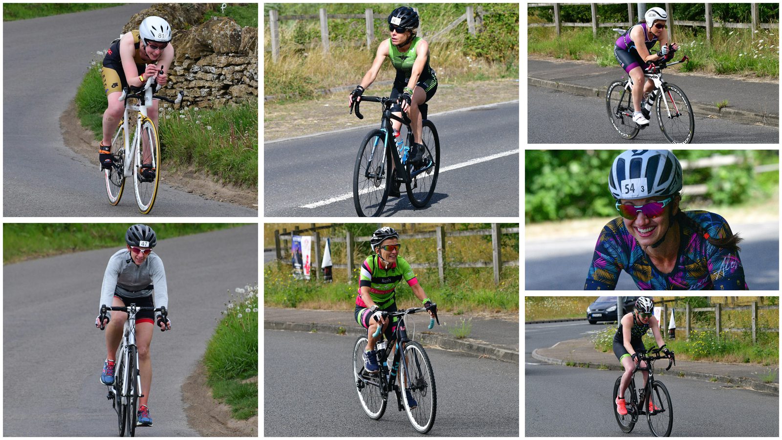 A collage of seven cyclists participating in a race. They are shown riding their bikes on various road sections, all wearing helmets and athletic gear. The backgrounds feature curving roads, greenery, and some fencing, indicating a rural setting.