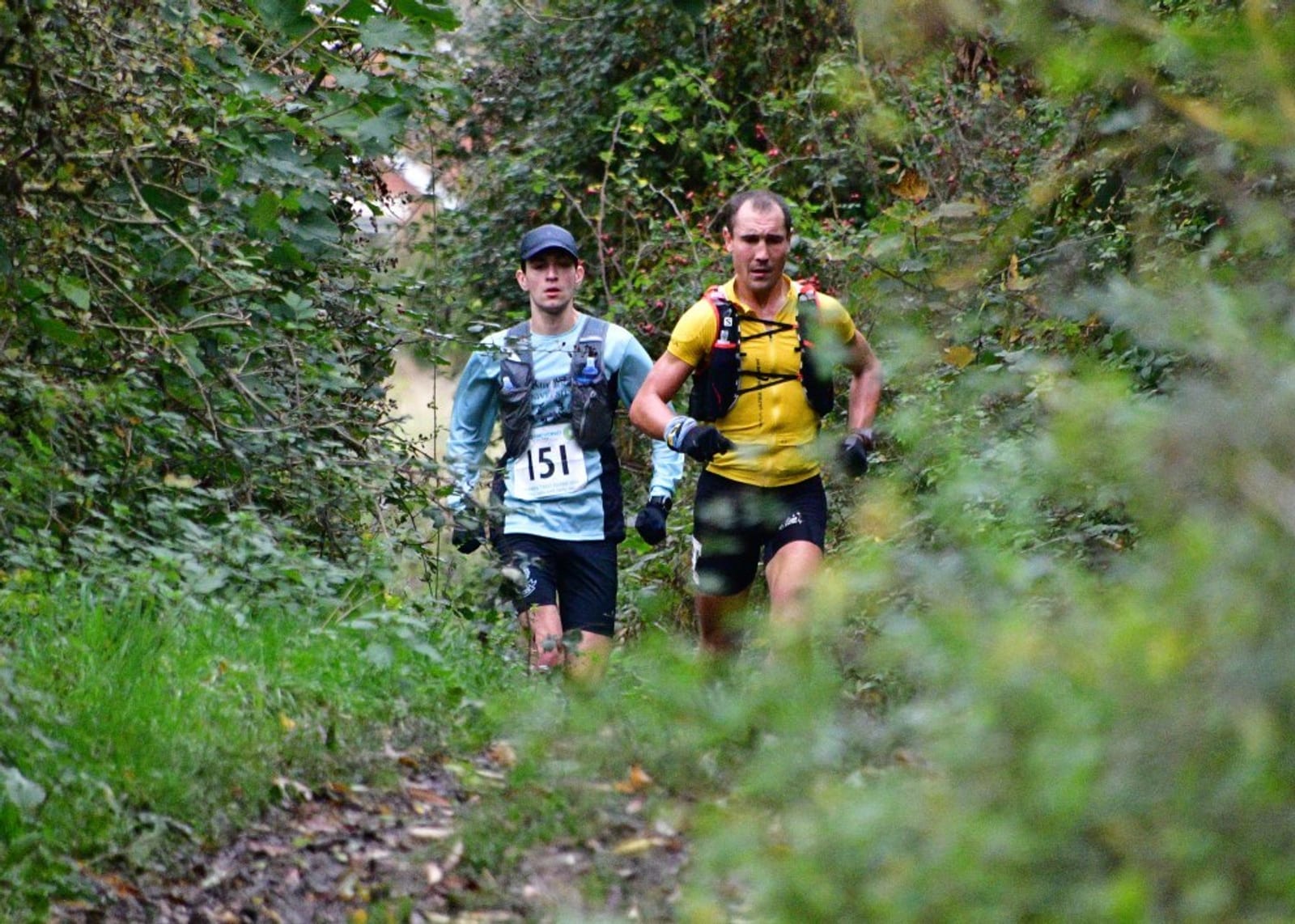 Two men trail running through a dense, green forest. The runner in front wears a yellow shirt and the one behind wears a blue shirt and race bib 151. Both carry hydration packs and look focused as they navigate the narrow, leafy path.