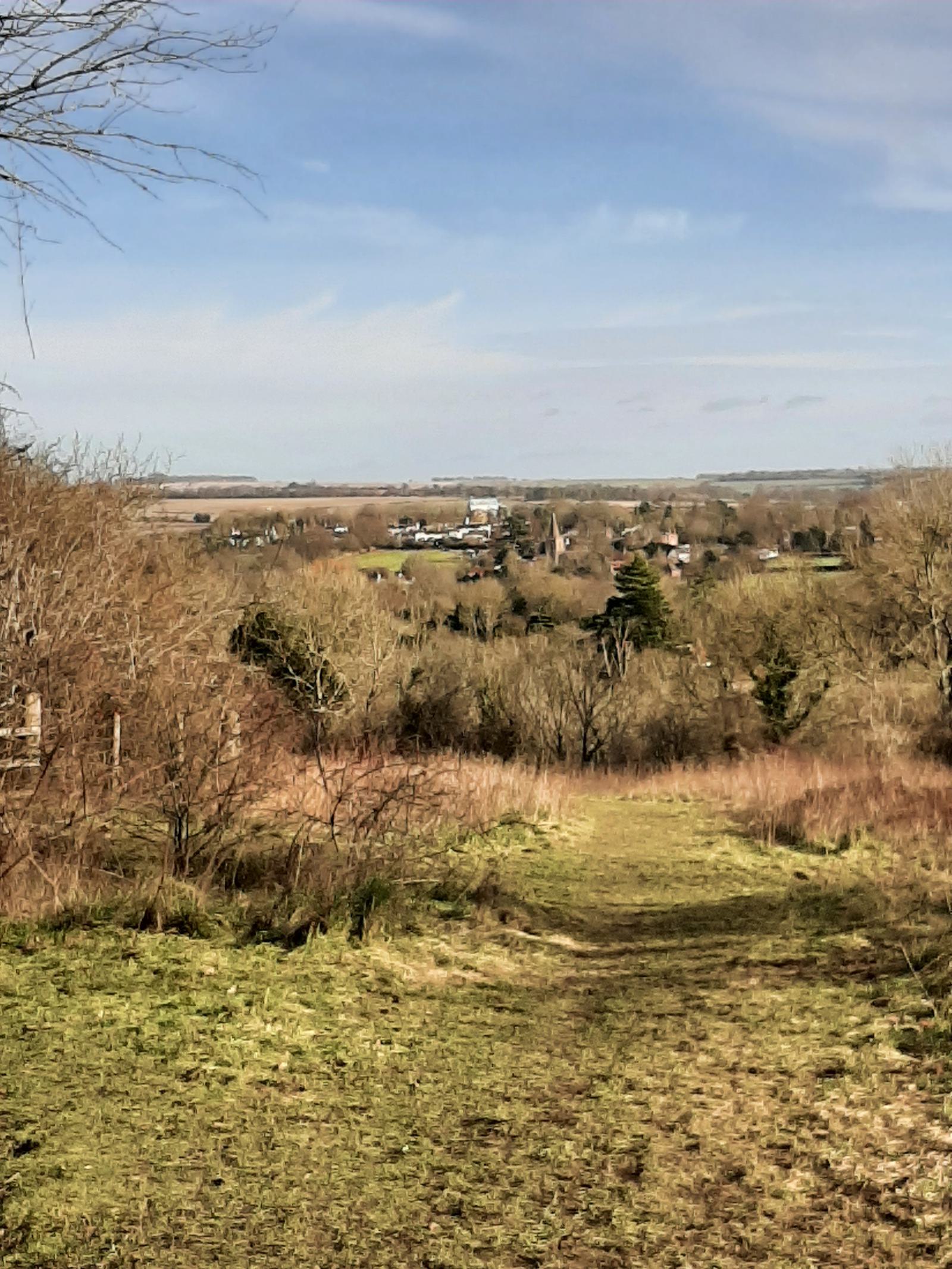 A scenic view of a countryside landscape with a grassy path leading through trees and shrubs. In the distance, there are scattered houses and buildings nestled among more trees, with expansive fields and farmland stretching out to the horizon under a partly cloudy sky.