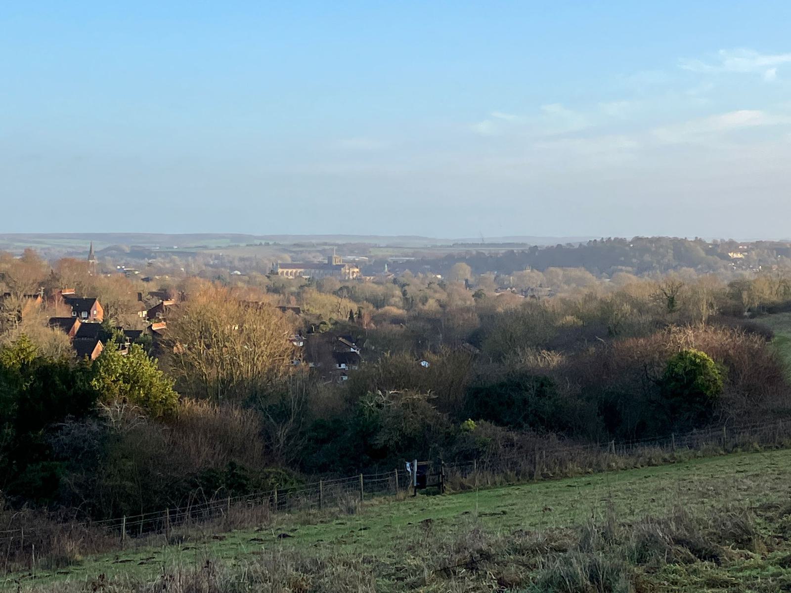 A hilly landscape with sparse trees and a few houses scattered among the greenery. In the distance, more houses and buildings are visible under a clear blue sky. Rolling hills extend toward the horizon, enveloped in a soft mist.
