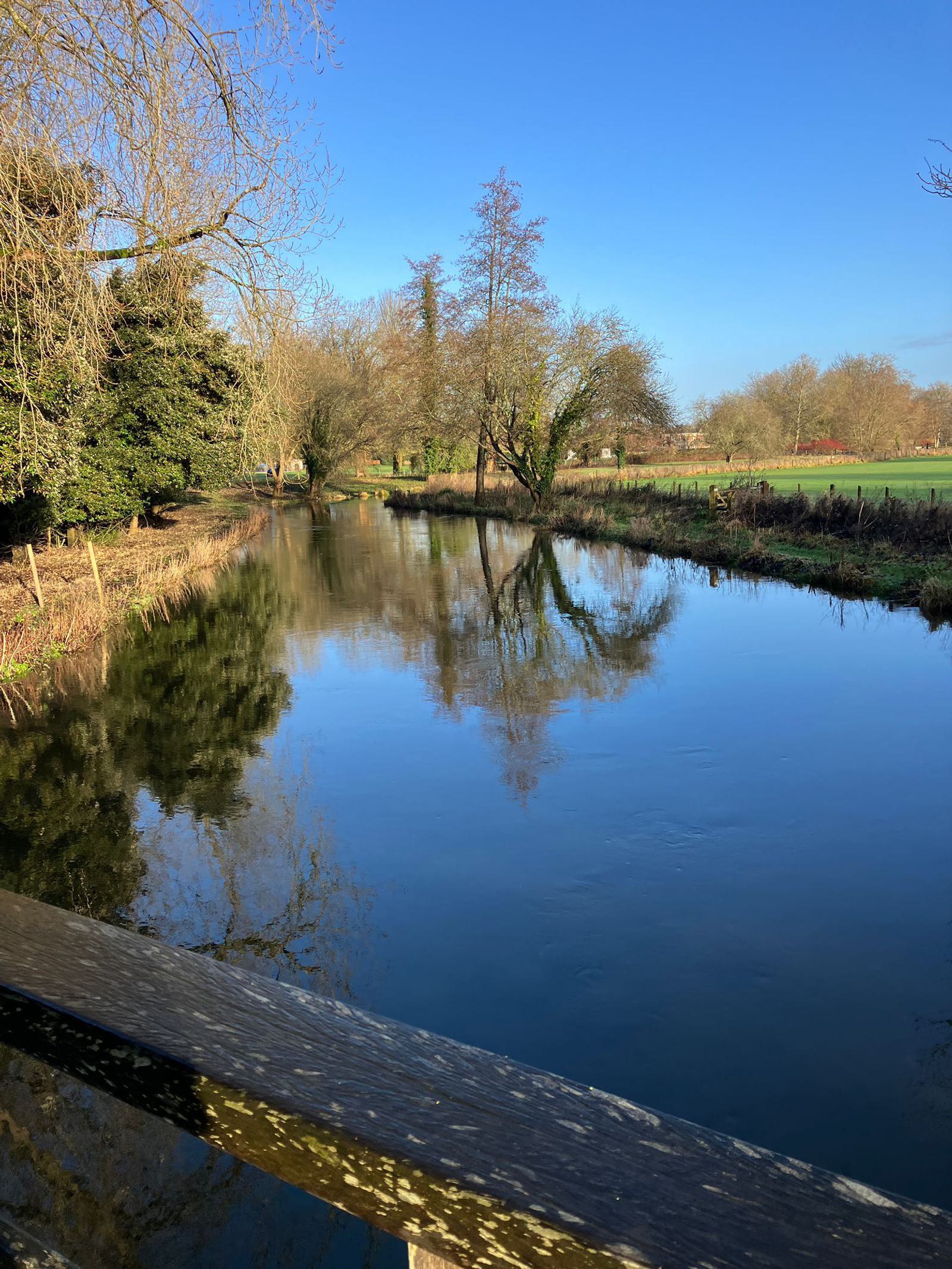 A serene river reflecting the blue sky and surrounding trees and fields. Leafless trees line the banks, casting reflections in the calm water. A wooden railing is visible in the foreground, suggesting a view from a bridge.
