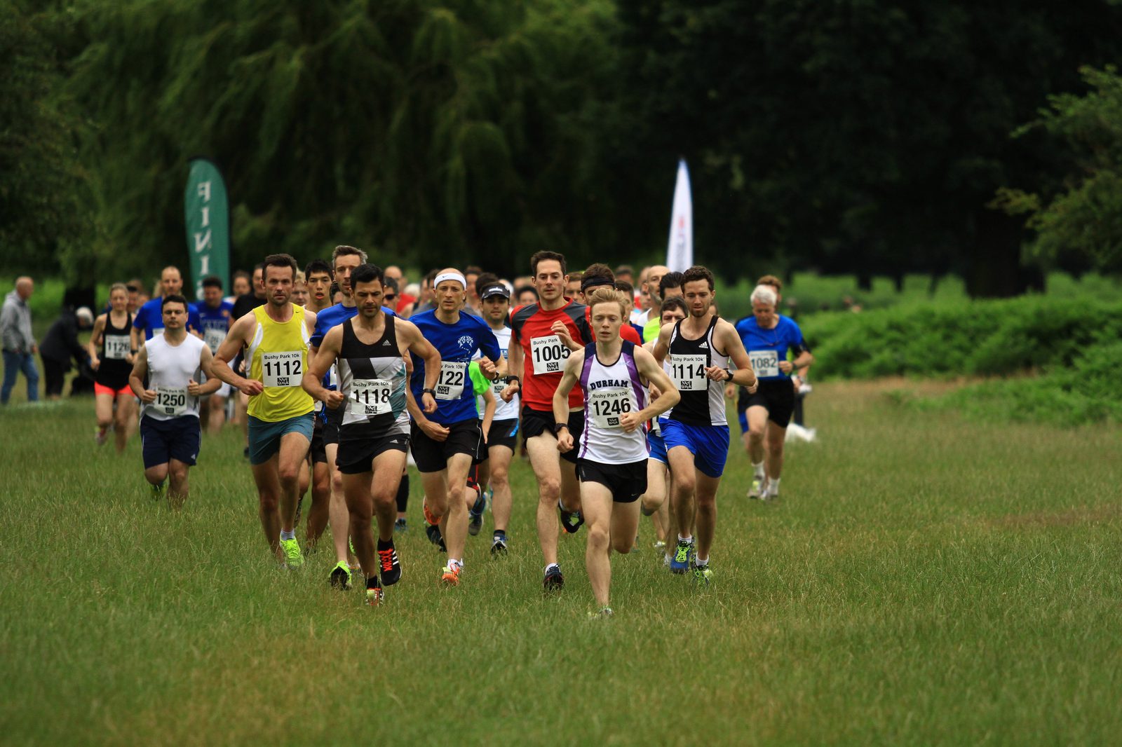 A group of runners, wearing various race bibs, competes in a race on a grassy trail surrounded by greenery. The participants are dressed in athletic gear, with some leading the pack and others trailing behind. Trees and spectators can be seen in the background.