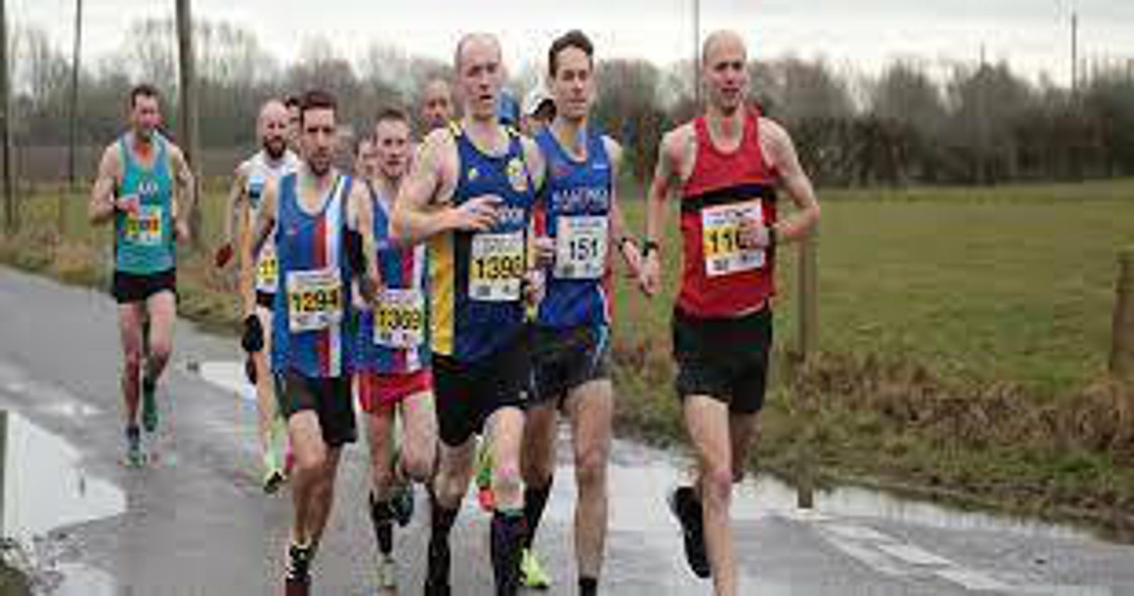 A group of runners participating in a road race on a cloudy day. They are running on a paved road with green grass fields and trees in the background. Each runner is wearing a numbered bib and athletic gear. The road appears wet, possibly from recent rain.