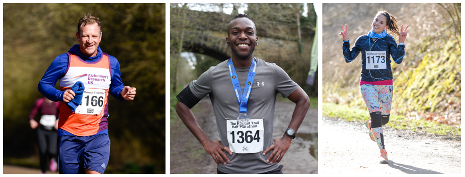 Three runners are depicted mid-race during a marathon event. The first runner, wearing a number 166 bib and an Alzheimer's Research Charity vest, smiles. The second runner, with bib number 1364, poses with a medal. The third runner, with bib 1173, joyfully gestures.