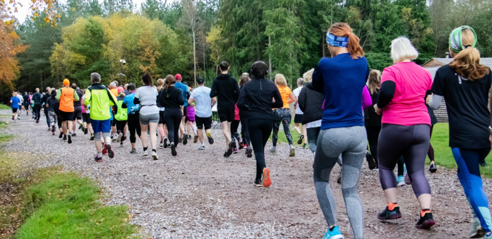 A large group of people running on a gravel path through a forested area. They are dressed in athletic clothing of various colors, and some are wearing headbands or hats. The trees in the background display autumn colors. The scene conveys a sense of outdoor activity and exercise.