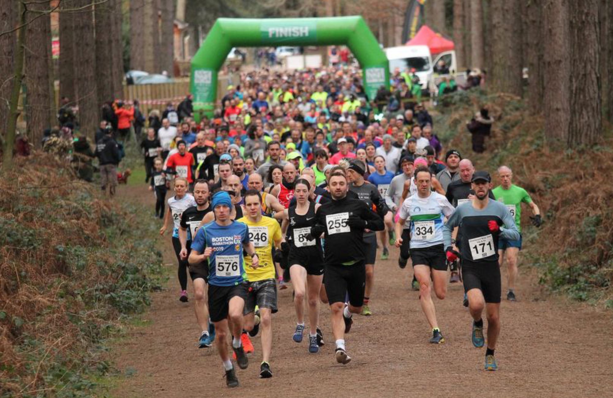 A large group of runners, wearing numbered bibs, participate in a race on a forest trail. They are approaching a green finish line banner. The path is surrounded by tall trees and there are spectators in the background.