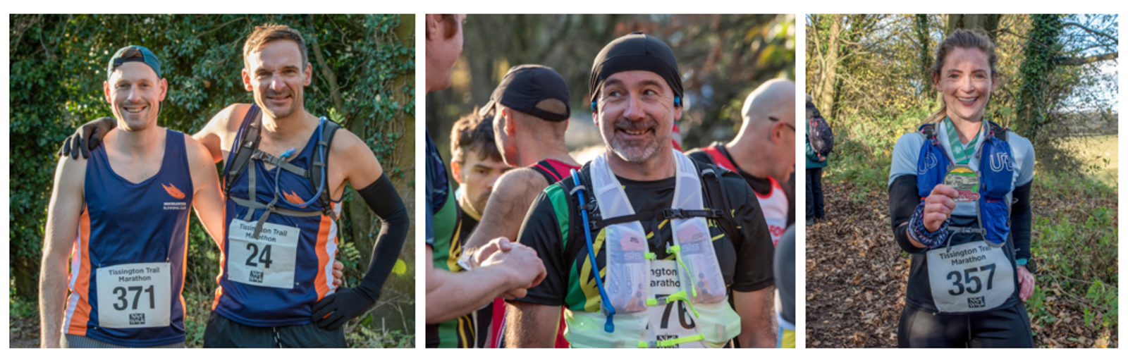 Three photos of runners at an outdoor trail marathon. Left: Two men in running gear, bib numbers 371 and 24, smile at the camera. Middle: A man with bib number 76 smiles while surrounded by fellow runners. Right: A woman with bib number 357 proudly displays her medal.