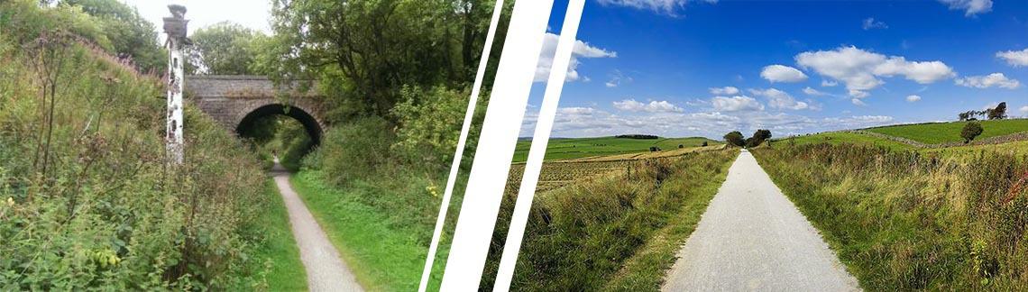 The image is divided into two parts. The left shows a narrow, tree-lined path leading to a brick archway under a train track. The right features a straight, open path flanked by grassy fields and trees under a bright blue sky with scattered clouds.