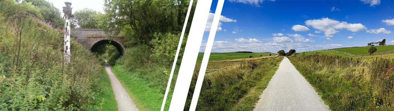The image is divided into two parts. The left shows a narrow, tree-lined path leading to a brick archway under a train track. The right features a straight, open path flanked by grassy fields and trees under a bright blue sky with scattered clouds.