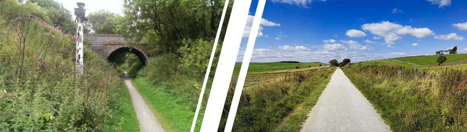 Side-by-side comparison of two trails. Left: A shaded path with a stone bridge overhead and dense greenery. Right: A sunlit path with open fields and clear skies. Both paths are surrounded by natural vegetation.