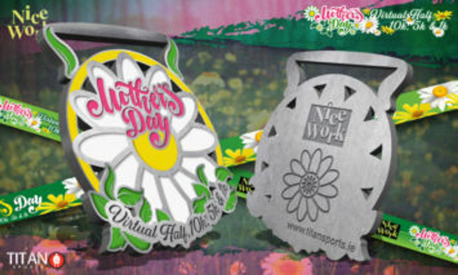 Medals and bands for a Virtual Half 10K Mother's Day Run, featuring a colorful floral design. One medal says “Mother’s Day” with a flower background, and the other side has "Nice Work" with www.nicesport.ie. The bands have floral patterns and event titles.