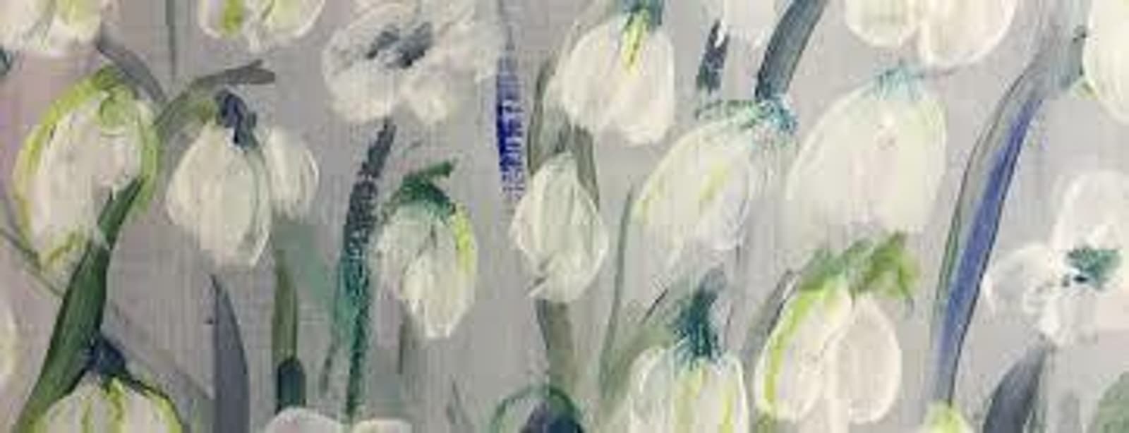 A watercolor painting depicting white flowers with green stems and leaves against a light gray background. The flowers have a delicate and ethereal appearance, with soft brushstrokes and subtle color variations.