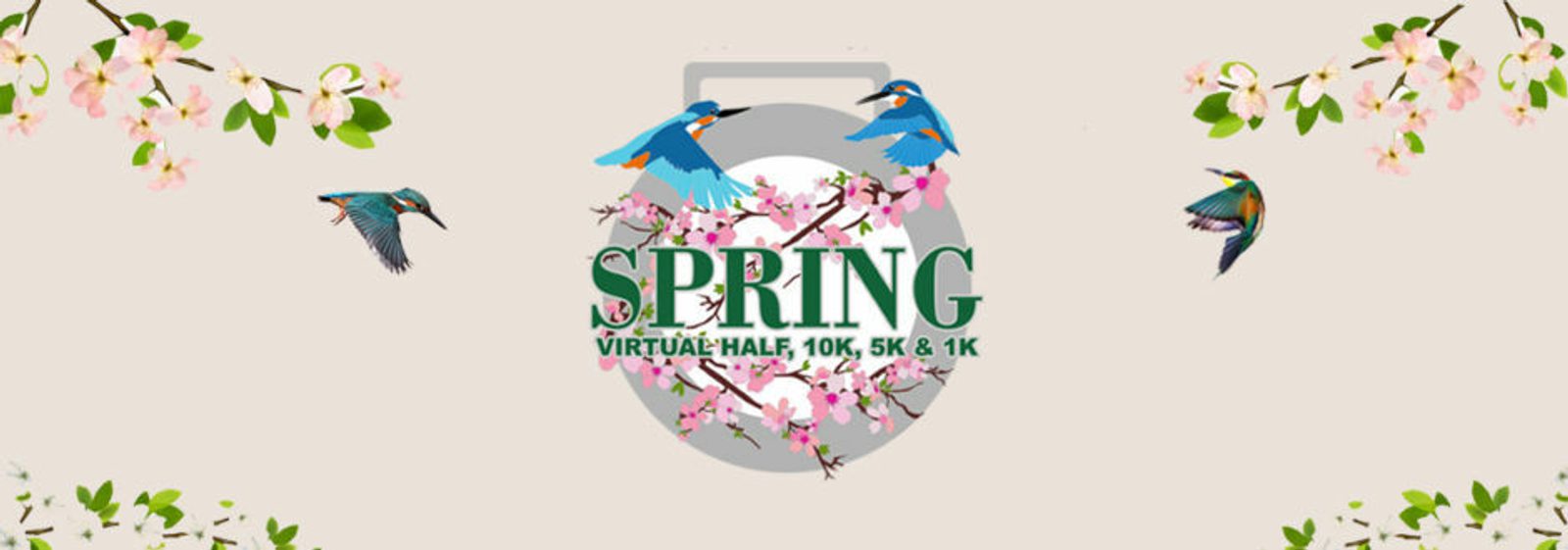 An image promoting the "SPRING Virtual Half, 10K, 5K & 1K" event. The background features blooming cherry blossoms and three vibrant birds in flight around the text, with additional blossoms adorning the corners of the image.