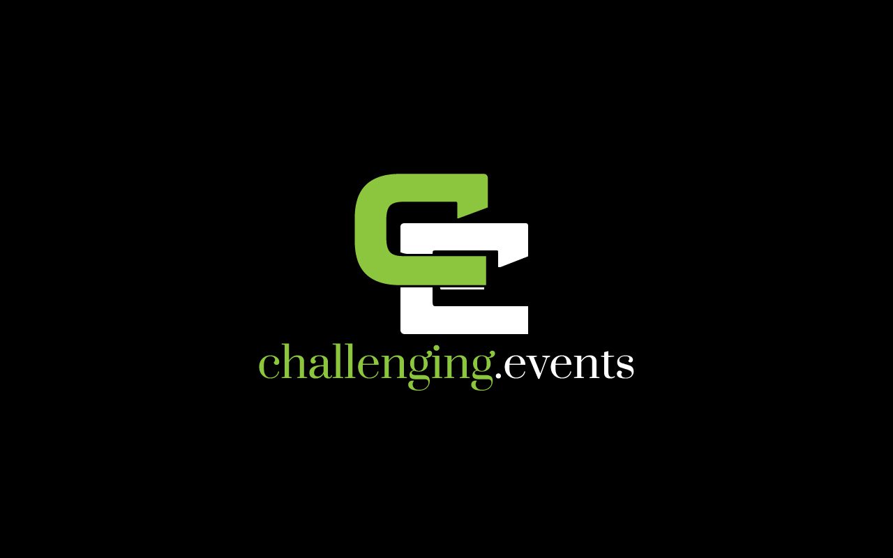 A black background featuring the stylized letters "CE" in green and white, forming an abstract logo. Below the logo, the text "challenging.events" is displayed with "challenging." in green and "events" in white.