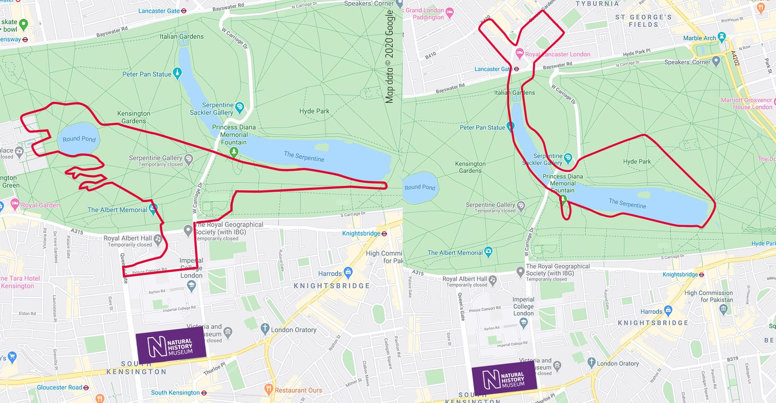 A dual map route in Hyde Park, London, with paths outlined in red on a digital map. The left map shows a route resembling a dinosaur shape, while the right map outlines a shape similar to a swan. Both routes encompass green park areas and a central lake.