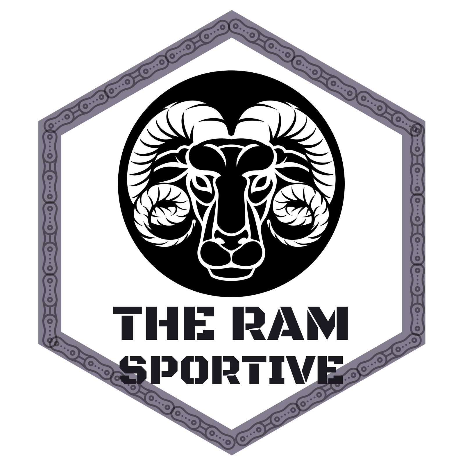 A hexagonal logo with a gray, chain-like border features an intricate black and white illustration of a ram's head in the center. Below the ram, the text reads "THE RAM SPORTIVE" in bold, stylized letters. The background is white and the border is dark gray.
