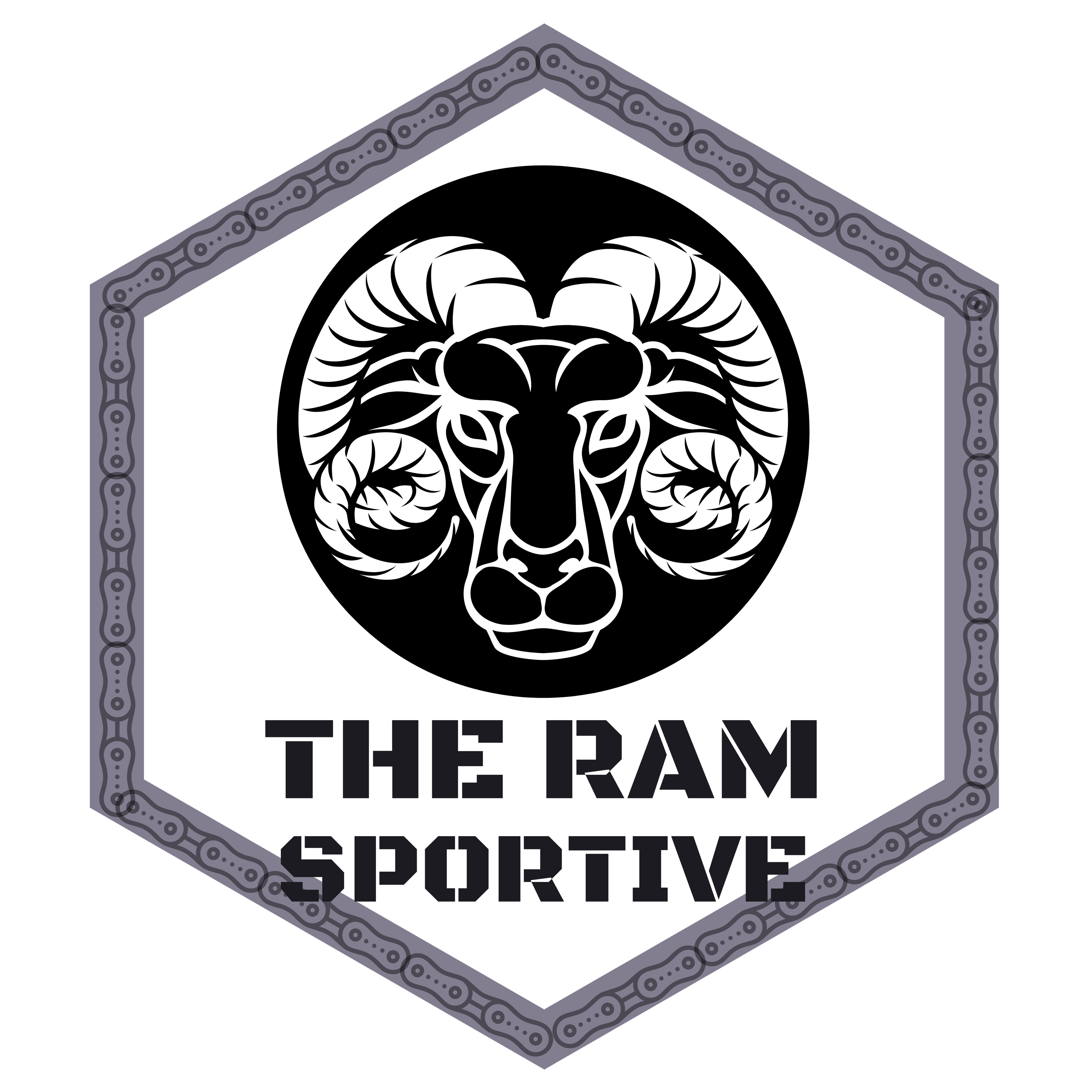 A hexagonal logo with a gray, chain-like border features an intricate black and white illustration of a ram's head in the center. Below the ram, the text reads "THE RAM SPORTIVE" in bold, stylized letters. The background is white and the border is dark gray.