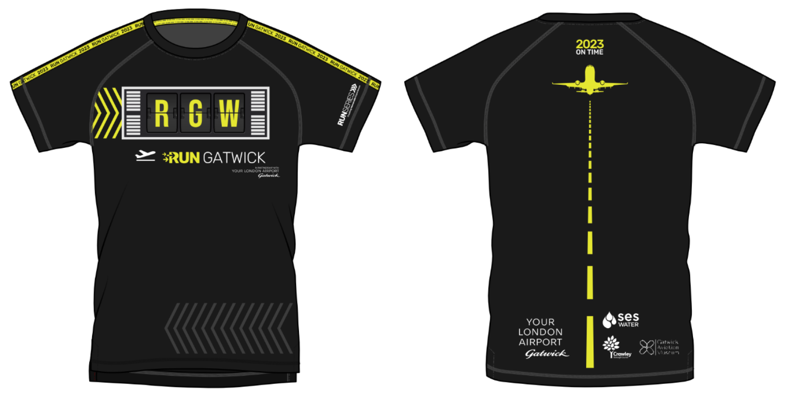 A black running t-shirt with yellow and white designs. The front features "RGW" in blocks, "Run Gatwick" text, and various logos. The back showcases a yellow airplane at the top with a runway down the middle, "2023 On the Run" text, and "Your London Airport.