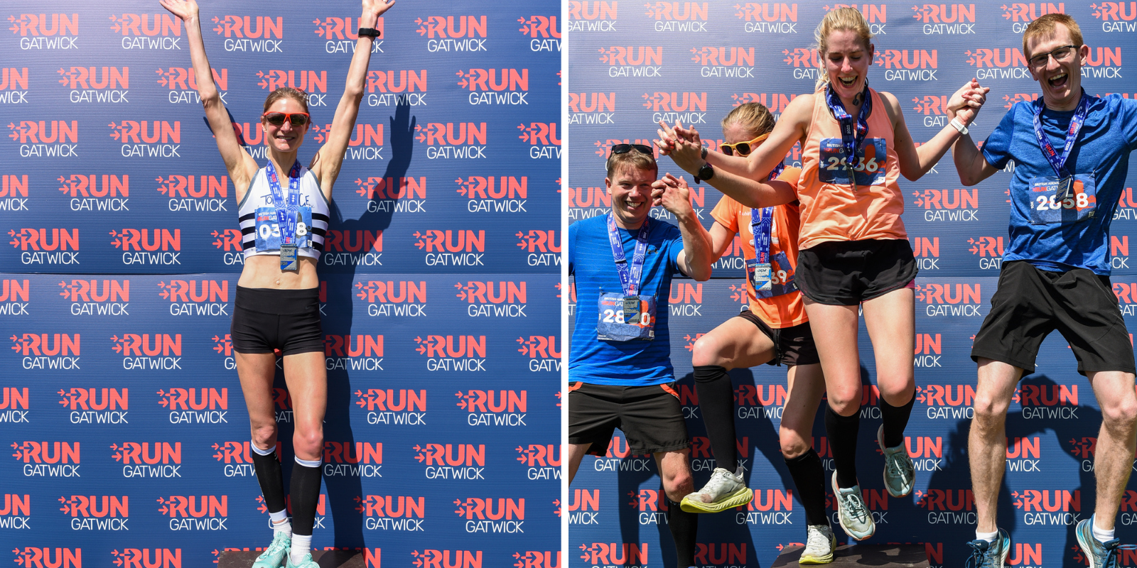 Split image: On the left, a woman in a white tank top and sunglasses poses with her medal, arms raised, in front of a "Run Gatwick" backdrop. On the right, a group of four runners, wearing medals, jump joyfully, also in front of the event backdrop.
