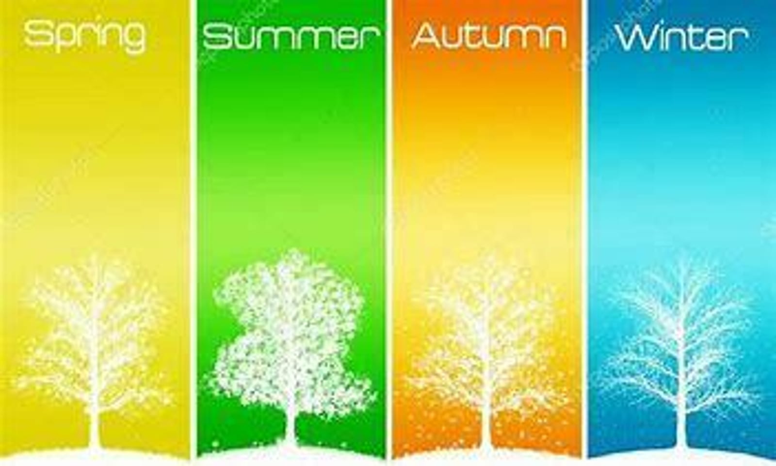 Four illustrated panels depicting the four seasons: Spring with a budding tree on a yellow background, Summer with a fully leafed tree on a green background, Autumn with a tree shedding leaves on an orange background, and Winter with a bare tree on a blue background.