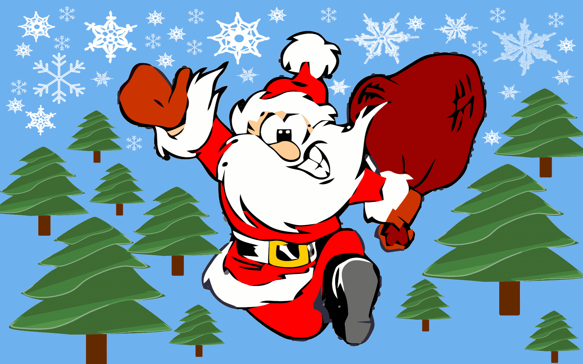 Cartoon Santa Claus in a red suit and hat is jumping with a determined expression, holding a large red sack over his shoulder. Snowflakes fall in the background over a forest of green pine trees against a blue sky.