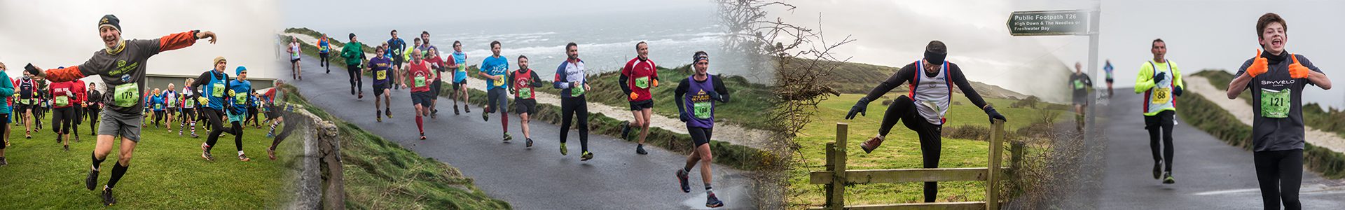 A collage of runners in colorful outfits participating in a race along a coastal path, with some leaping over a wooden fence and others running enthusiastically with arms outstretched.