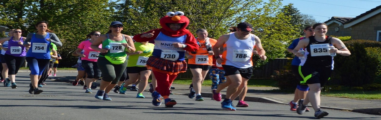A group of runners participates in a race on a sunny day. One runner in the center is dressed in a red Elmo costume and tartan skirt, standing out among the others in typical running attire. Trees and houses line the background.