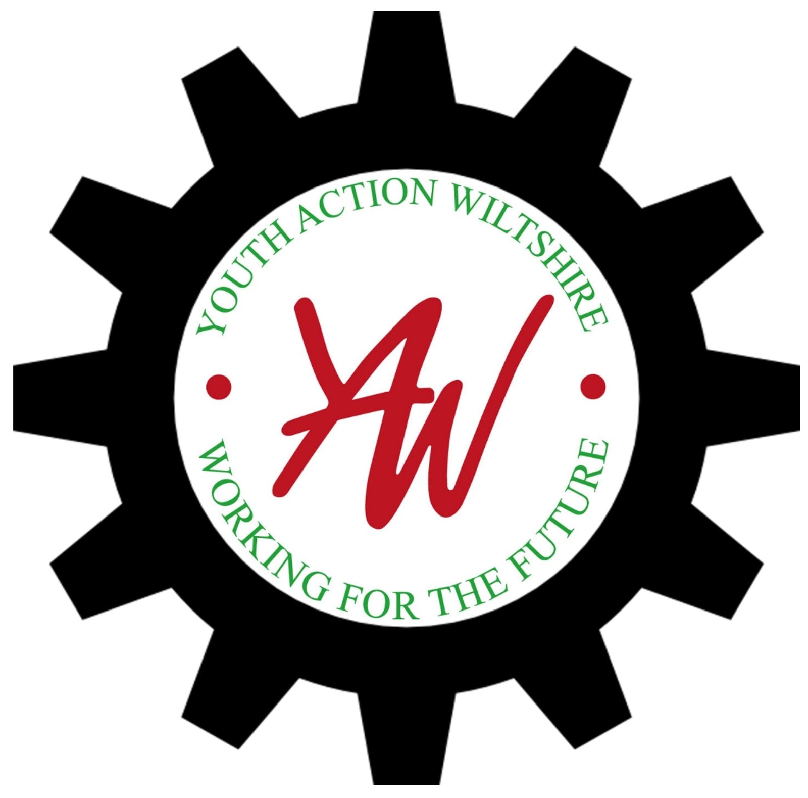 Logo of Youth Action Wiltshire. It features a black gear-shaped border with a white circular center. Inside, the initials "YAW" are written in red script. The green text around the circle reads "Youth Action Wiltshire" at the top and "Working for the Future" at the bottom.