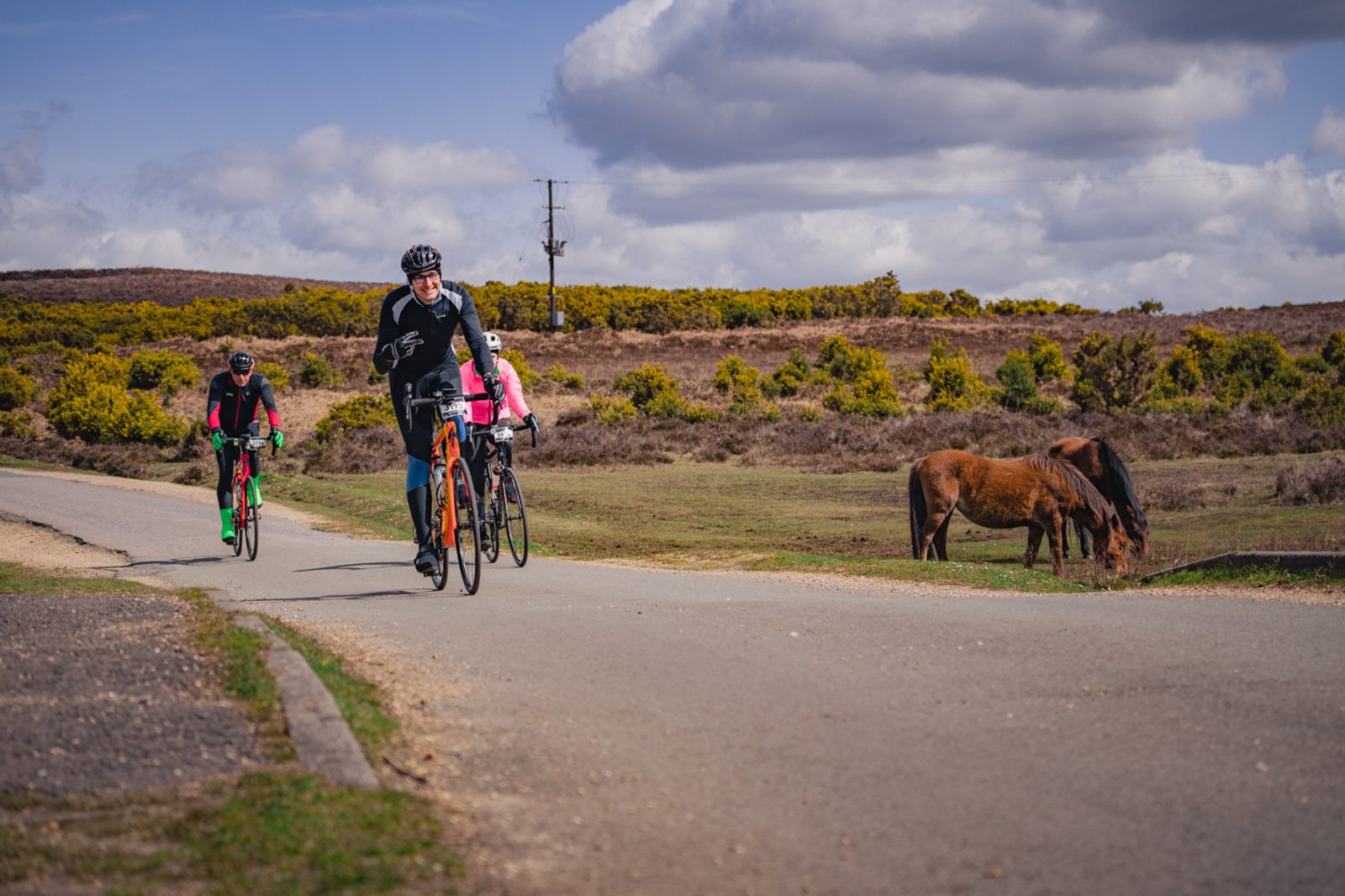 Three cyclists ride on a quiet road in a rural landscape, under a partly cloudy sky. Two brown horses graze beside the road amidst greenery and shrubs. One cyclist wears a black outfit and helmet, and the other two wear bright, colorful attire.
