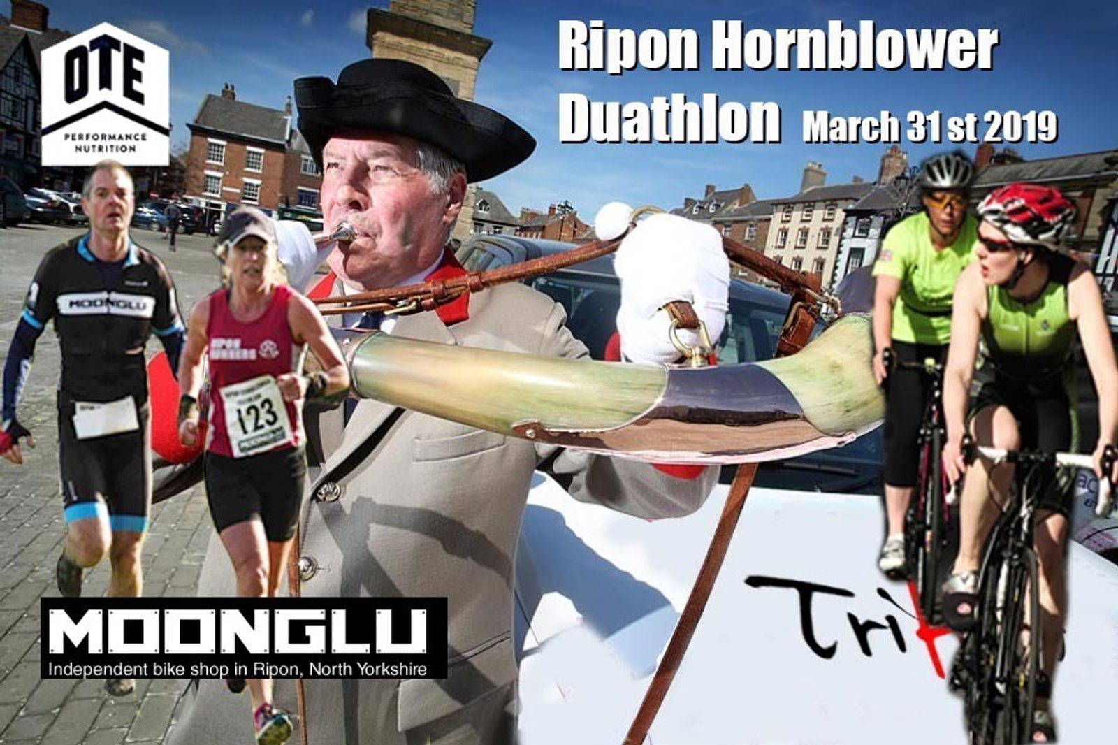Promotional poster for the Ripon Hornblower Duathlon on March 31st, 2019. It features athletes running and cycling, with a man in period costume blowing a large horn. Sponsors include OTE Performance Nutrition and Moonglu, an independent bike shop in Ripon, North Yorkshire.