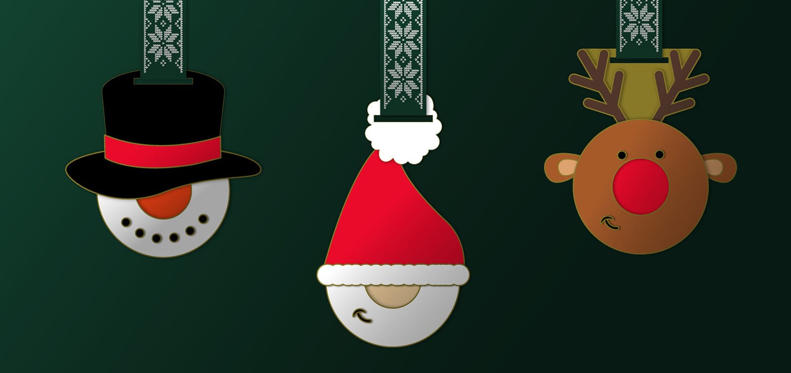 Three Christmas ornaments on a dark green background: a snowman with a black hat and red band, a Santa Claus with a red hat and white trim, and a reindeer with antlers and a red nose. The ornaments are hanging from patterned green ribbons.