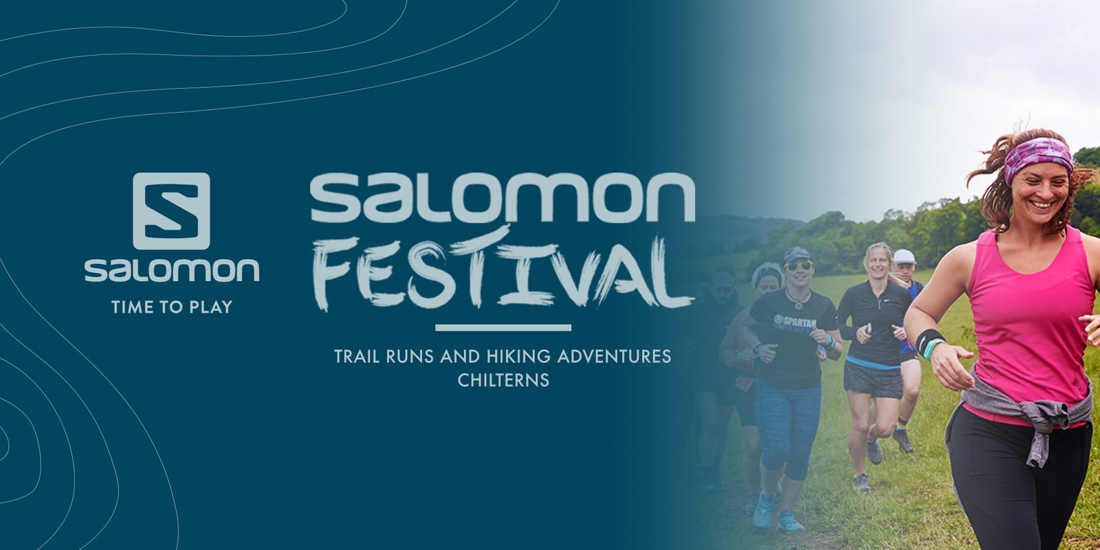 A promotional image for the Salomon Festival featuring a group of smiling runners on a grassy trail. The text reads "Salomon Festival: Trail Runs and Hiking Adventures Chilterns" with the Salomon logo and slogan "Time to Play" on the left side.