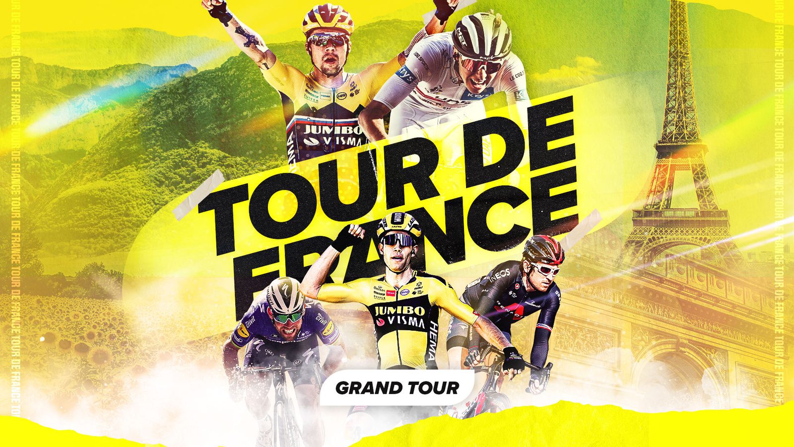 A colorful and dynamic image featuring cyclists in action with the bold text "Tour de France" in the center. The Eiffel Tower and the French Alps are in the background, emphasizing the scenic and challenging nature of the famous Grand Tour cycling race.