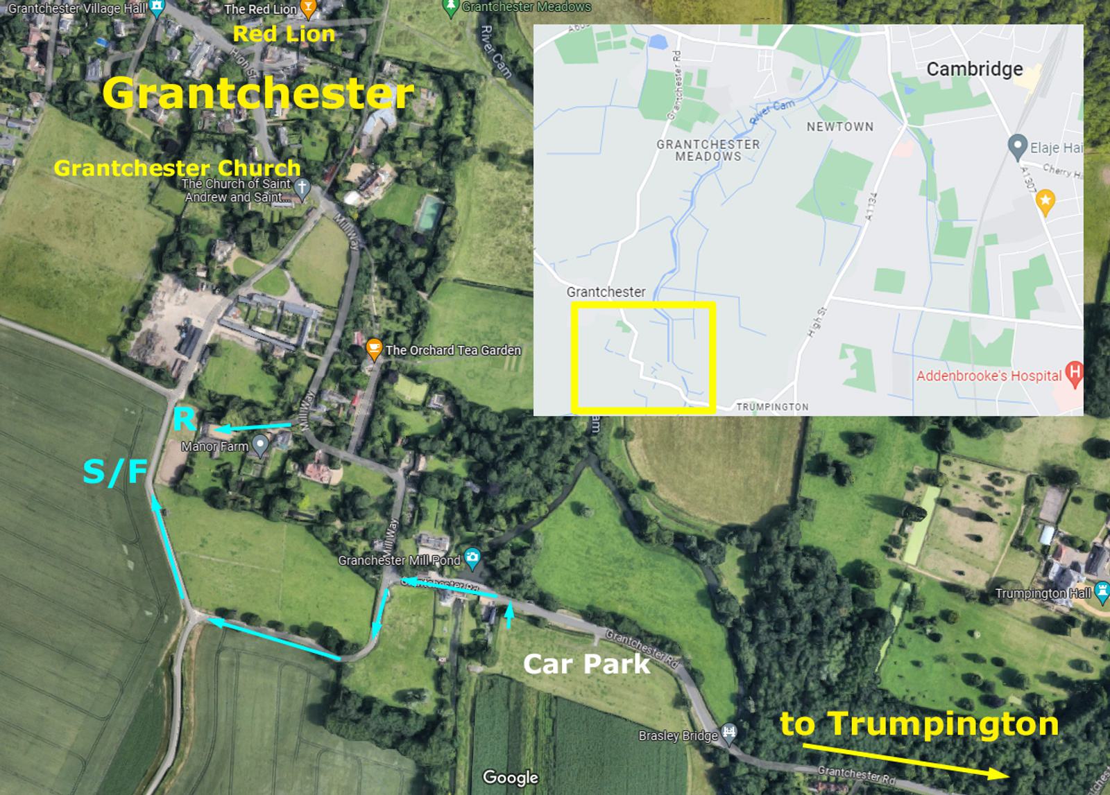 Map showing Grantchester with a marked walking route. The route starts at a car park, passes the Orchard Tea Garden, Grantchester Church, and ends in open fields. An inset in the top right shows a zoomed-out view from Grantchester to Cambridge.