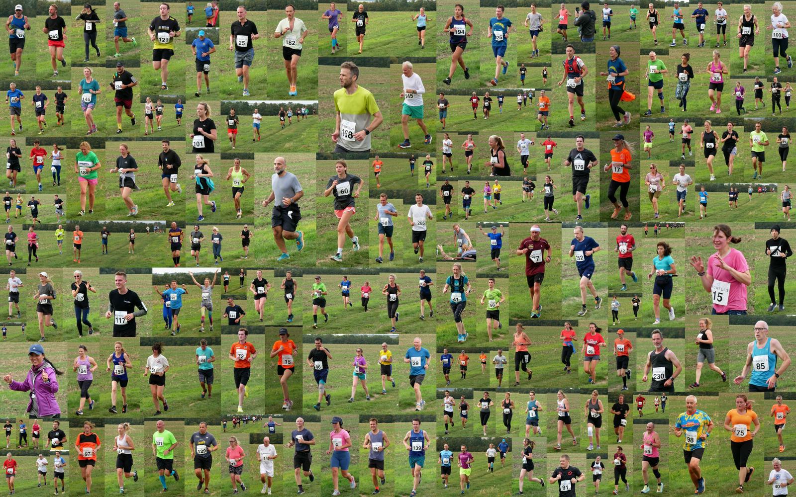 A large collage of numerous people running outdoors on a grassy field. They wear various colorful athletic clothes and racing bibs with numbers. Participants vary in gender, age, and attire. They appear to be participating in a race or fun run event.