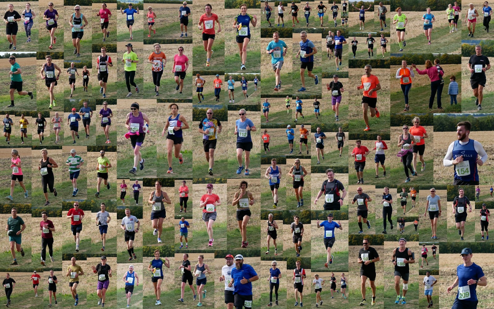 A collage of numerous runners, both men and women, participating in an outdoor race on a grassy path, each wearing numbered bibs and athletic clothing in various colors.