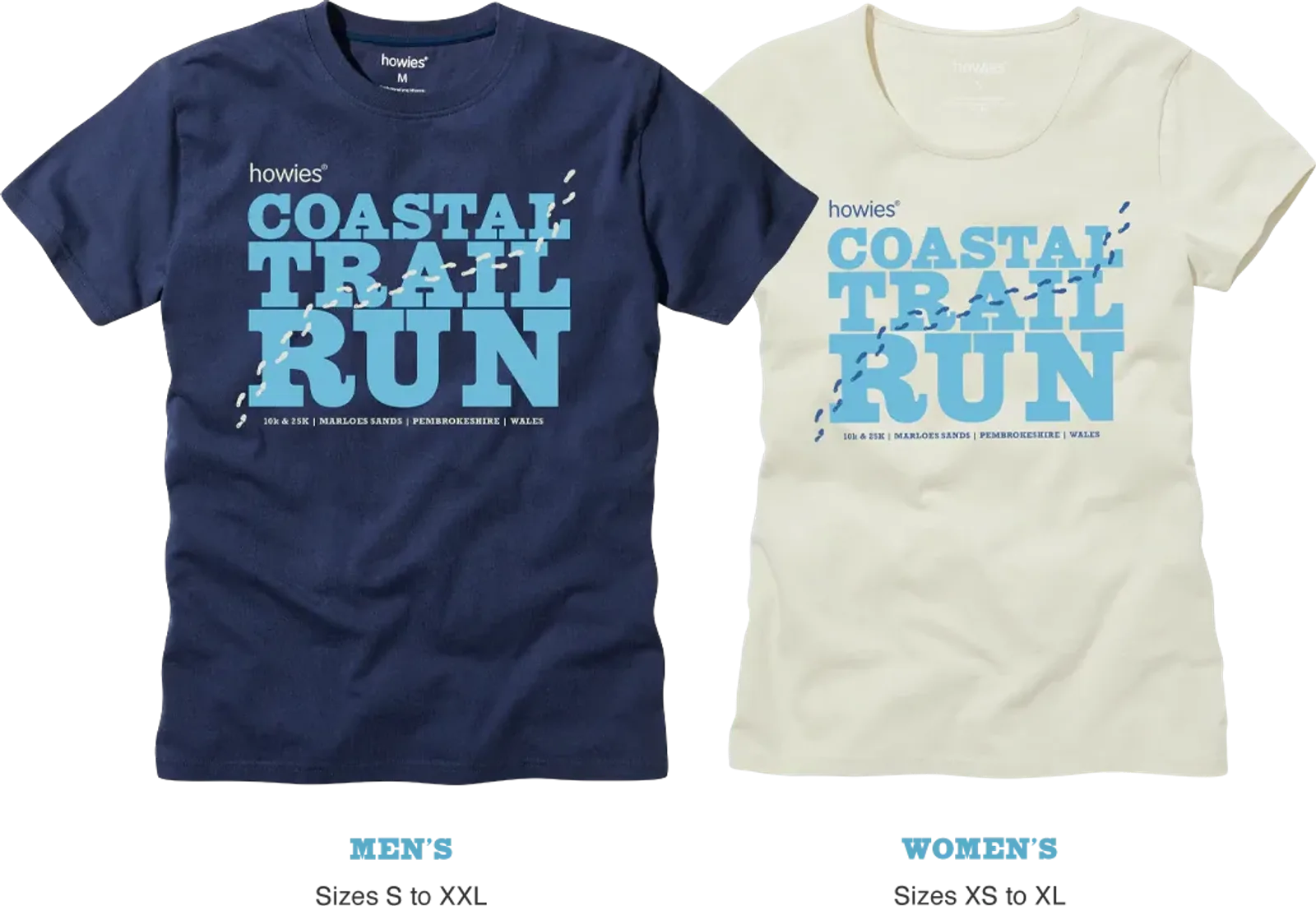 Two T-shirts displayed side by side: the left is navy blue, and the right is off-white. Both feature the text "howies' COASTAL TRAIL RUN" in bold light blue letters across the chest. The shirts are the same design but in different colors.