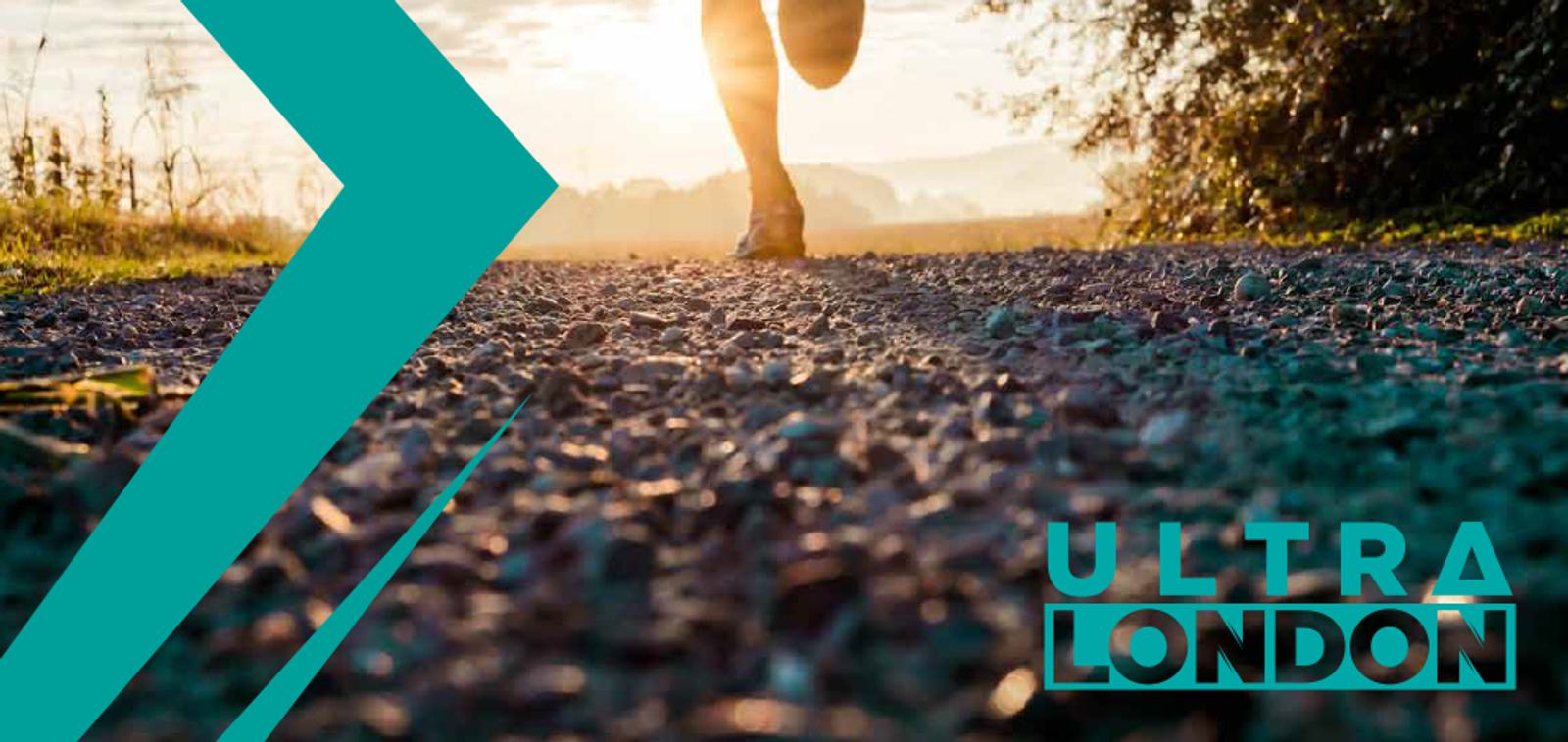 A runner's legs in motion on a gravel path during sunrise or sunset, with a teal graphic arrow on the left side of the image. The text "ULTRA LONDON" is displayed in the bottom right corner.