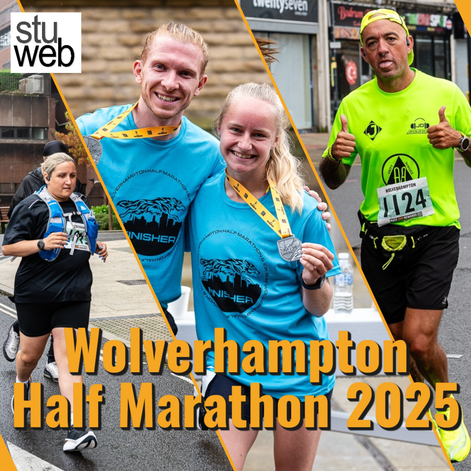 Three images featuring runners from the Wolverhampton Half Marathon 2025: a woman in black running, two smiling runners in blue shirts with medals, and a man in a neon shirt running. Bold text reads "Wolverhampton Half Marathon 2025.
