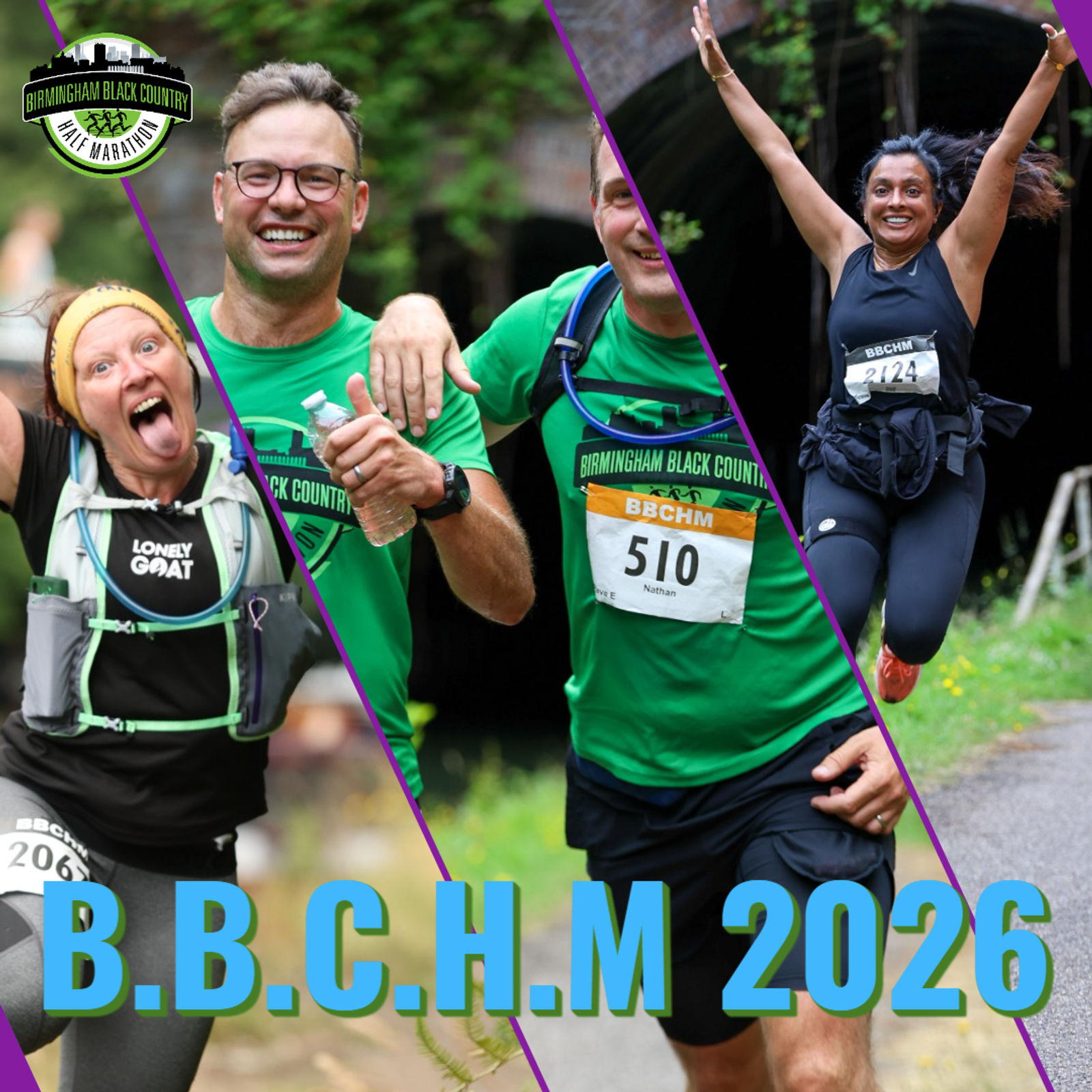 A collage shows smiling runners in green shirts with race bibs at the Birmingham Black Country Half Marathon. One woman jumps joyfully. Text reads "B.B.C.H.M 2026." Logo in top left.