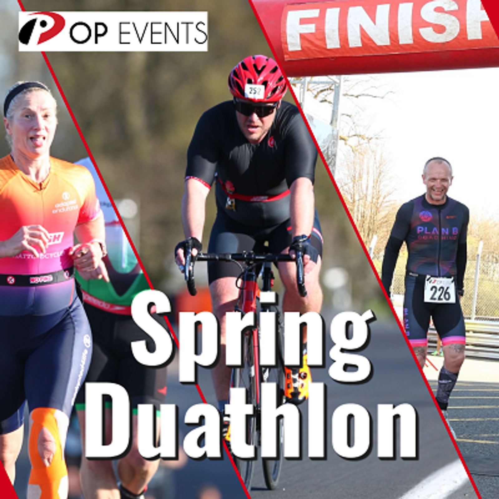 Three athletes participate in a spring duathlon: a runner in orange, a cyclist in black and red, and another runner crossing the finish line. The text reads “Spring Duathlon,” with the POP Events logo in the top left corner.