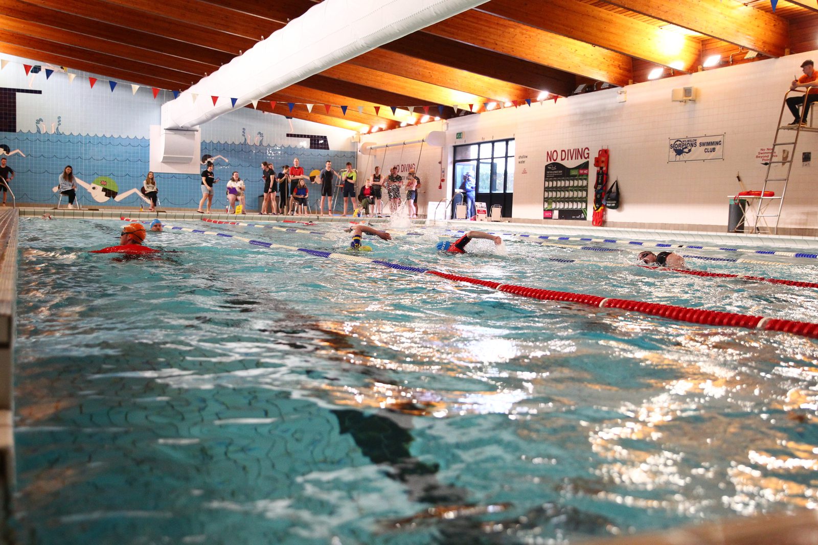 Indoor swimming pool with several people swimming in lanes; spectators and coaches stand by the poolside. The pool area has wooden ceilings, lane dividers, and a "No Diving" sign on the wall.
