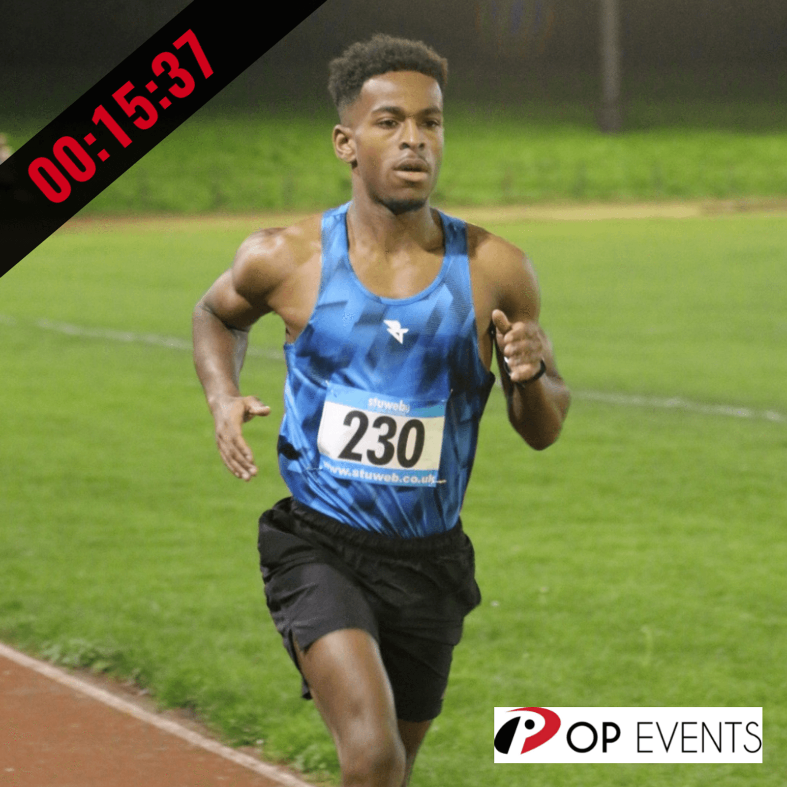 A male athlete wearing a blue and black running tank top and black shorts, numbered 230, runs on a track at night. A timer in the left corner shows 00:15:37. The bottom right corner has a logo saying "POP EVENTS.