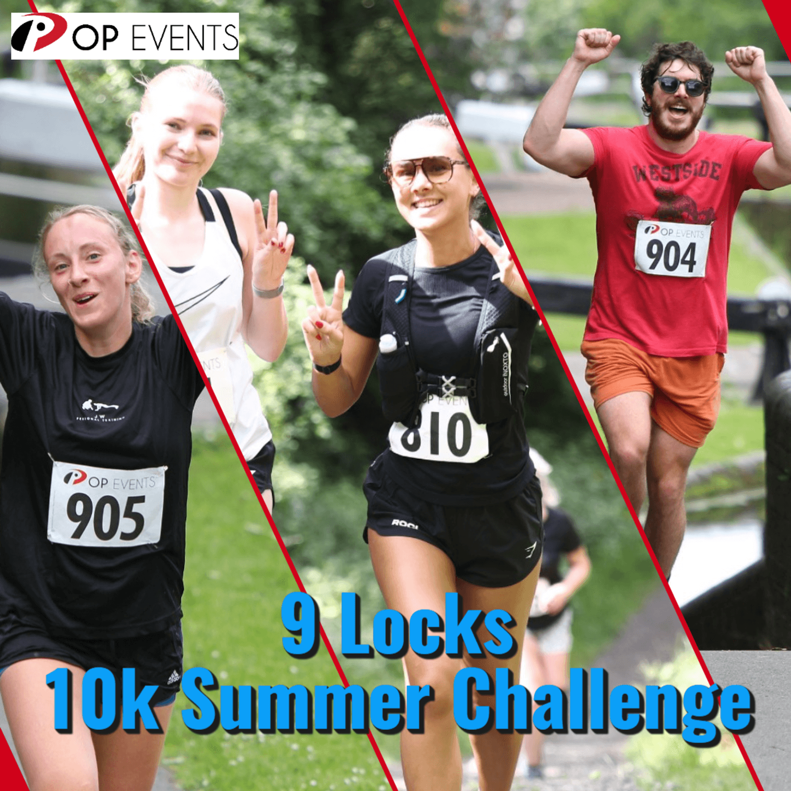 Four smiling runners, each wearing a race number, pose and celebrate outdoors during a sunny event. Text on the image reads: "9 Locks 10k Summer Challenge" and "OP Events" in the top left corner.